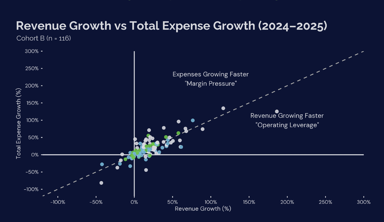 Scatter plot: Revenue Growth vs Total Expense Growth (2024 to 2025), Cohort B (n=116). 116 operator data points with a diagonal y=x reference dividing Margin Pressure (expenses growing faster) from Operating Leverage (revenue growing faster).