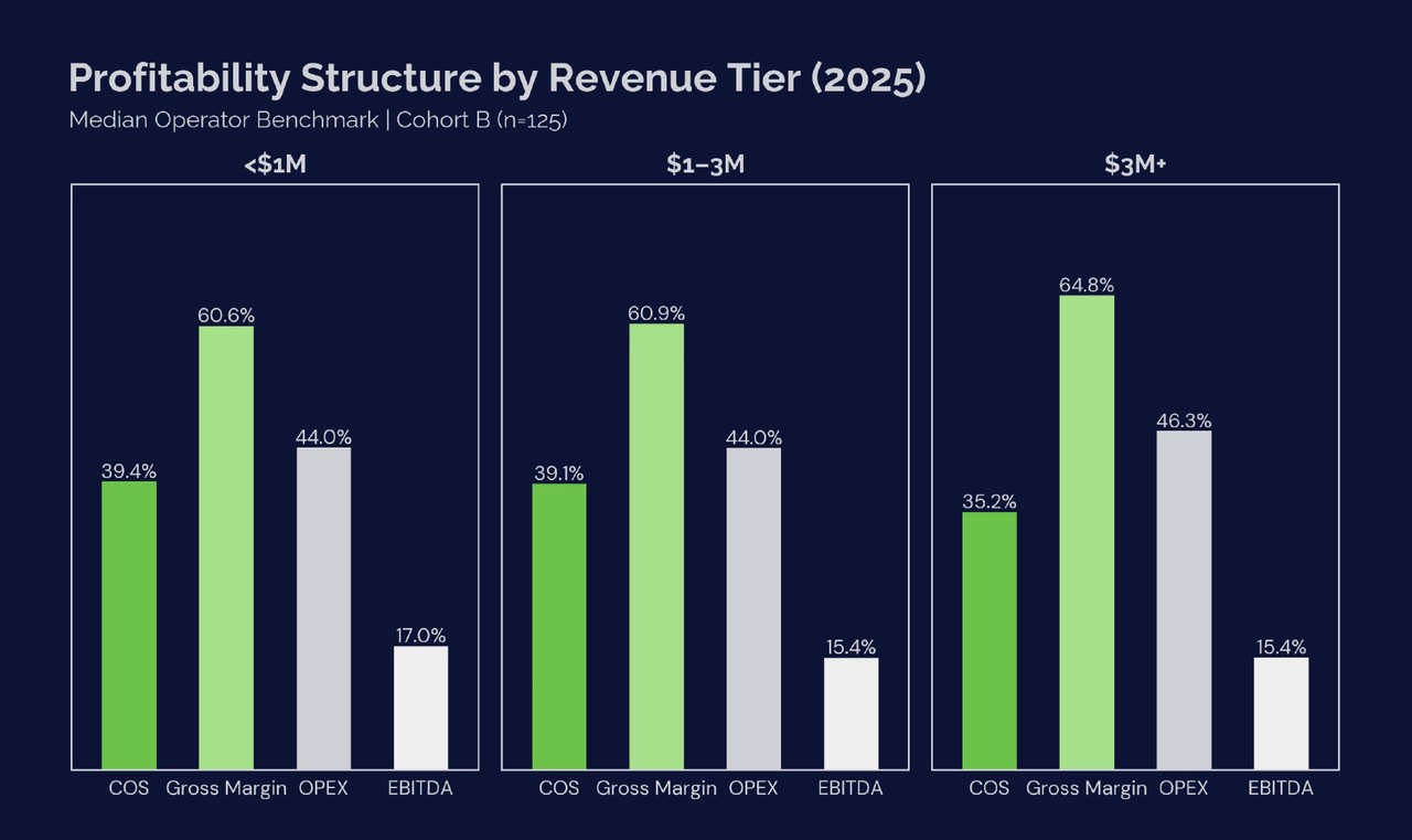 Profitability Structure by Revenue Tier (2025). Median Operator Benchmark, Cohort B (n=125). Grouped bar chart showing Cost of Service, Gross Margin, OPEX, and EBITDA across three tiers (under $1M, $1 to 3M, and $3M+).
