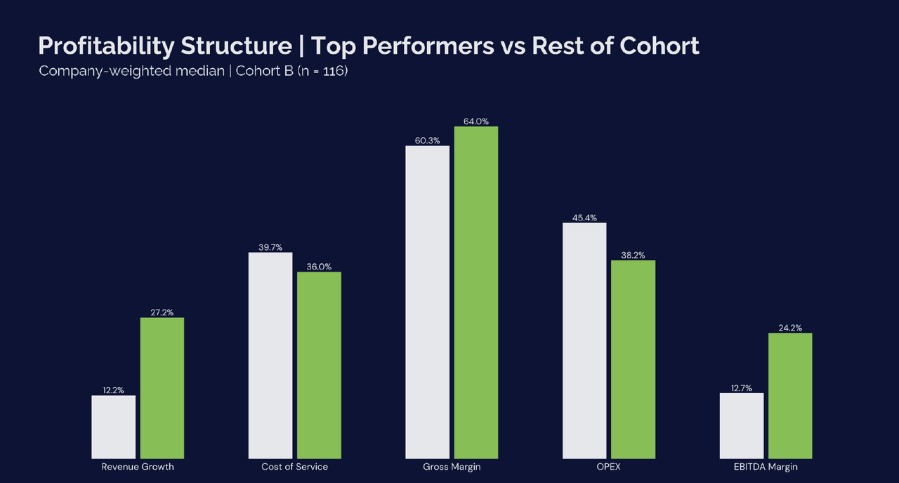 Profitability Structure: Top Performers vs Rest of Cohort. Company-weighted median, Cohort B (n=116). Paired bar chart across Revenue Growth, Cost of Service, Gross Margin, OPEX, and EBITDA Margin.