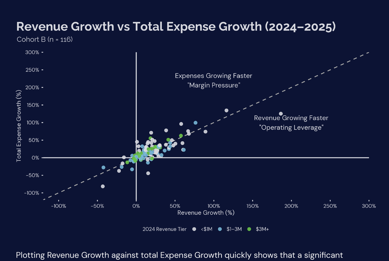 Scatter plot of Revenue Growth (%) vs Total Expense Growth (%). Diagonal parity line. Above diagonal: 'Expenses Growing Faster — Margin Pressure'. Below diagonal: 'Revenue Growing Faster — Operating Leverage'. Points colored by 2024 Revenue Tier: <$1M, $1-3M, $3M+.